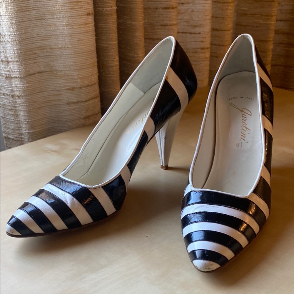 60’s Chic Garolini Vintage Black and White Striped Pumps